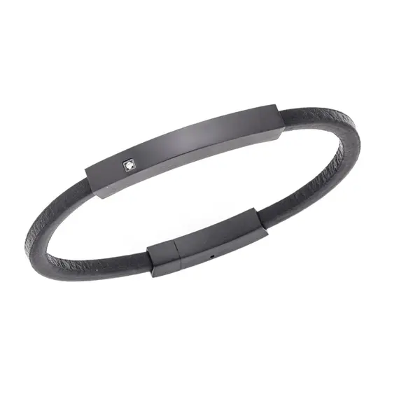 Βραχιόλι Senza Men&#039;s Steel, Βlack Leather Strap, με μαύρη ταυτότητα και πέτρα