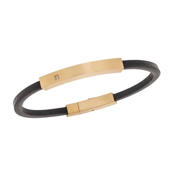 Βραχιόλι Senza Men&#039;s Steel, Βlack Leather Strap, με χρυσή ταυτότητα και πέτρα