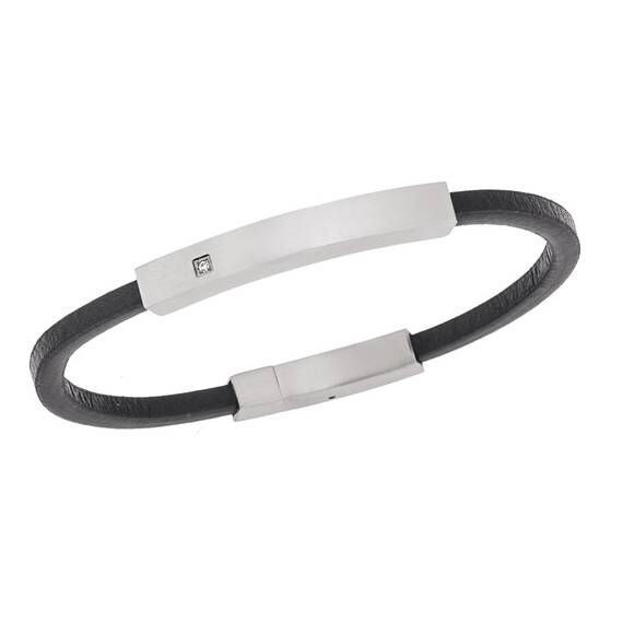 Βραχιόλι Senza Men&#039;s Steel, Βlack Leather Strap, με ασημί ταυτότητα και πέτρα