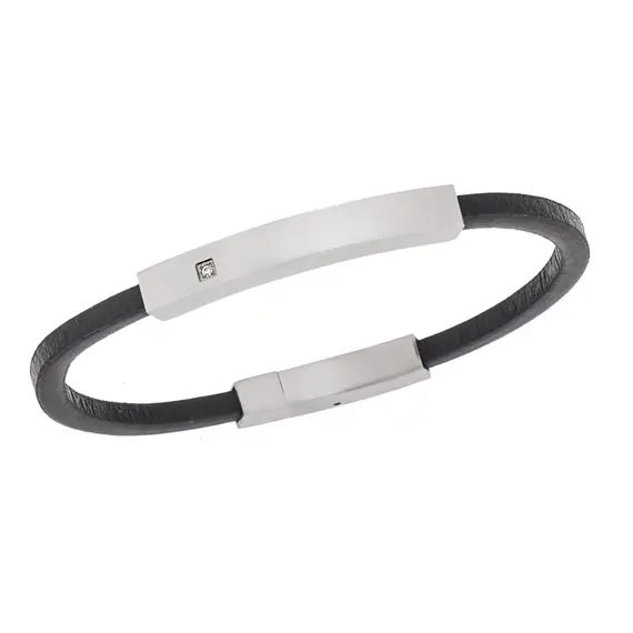Βραχιόλι Senza Men&#039;s Steel, Βlack Leather Strap, με ασημί ταυτότητα και πέτρα