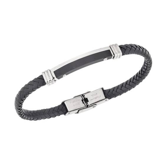 Βραχιόλι Senza Men&#039;s Steel, Βlack Leather Strap, με δίχρωμη ταυτότητα