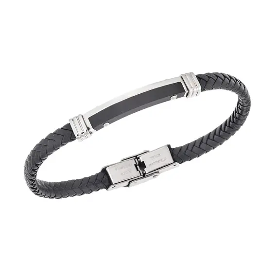 Βραχιόλι Senza Men&#039;s Steel, Βlack Leather Strap, με δίχρωμη ταυτότητα