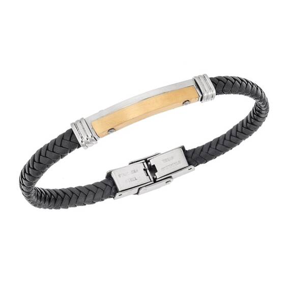 Βραχιόλι Senza Men&#039;s Gold Plated Steel, Βlack Leather Strap, με δίχρωμη ταυτότητα