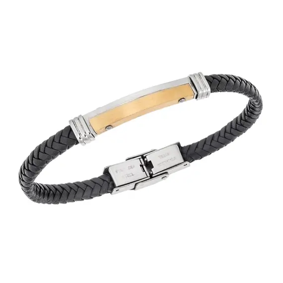Βραχιόλι Senza Men&#039;s Gold Plated Steel, Βlack Leather Strap, με δίχρωμη ταυτότητα