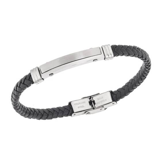 Βραχιόλι Senza Men&#039;s Steel, Βlack Leather Strap, με ασημί ταυτότητα