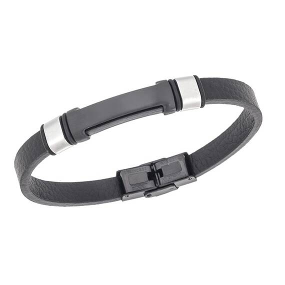 Βραχιόλι Senza Men&#039;s Steel, Βlack Leather Strap, με μαύρη ταυτότητα