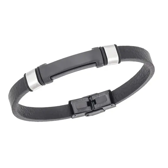 Βραχιόλι Senza Men&#039;s Steel, Βlack Leather Strap, με μαύρη ταυτότητα