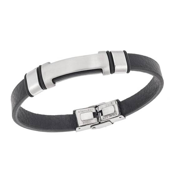 Βραχιόλι Senza Men&#039;s Steel, Βlack Leather Strap, με ασημί ταυτότητα