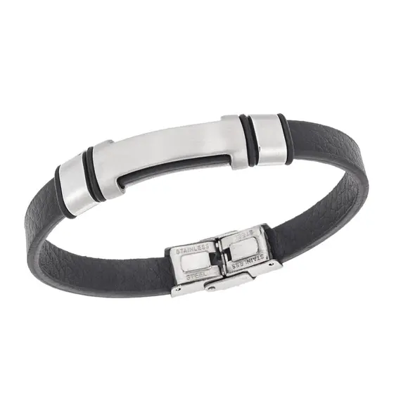 Βραχιόλι Senza Men&#039;s Steel, Βlack Leather Strap, με ασημί ταυτότητα