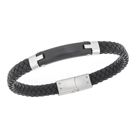 Βραχιόλι Senza Men&#039;s Steel, Βlack Leather Strap, με μαύρη ταυτότητα