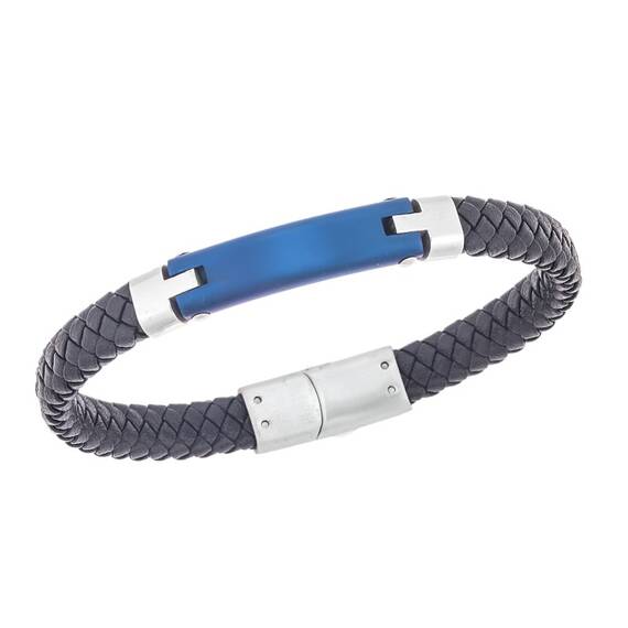 Βραχιόλι Senza Men&#039;s Steel, Βlack Leather Strap, με μπλε ταυτότητα