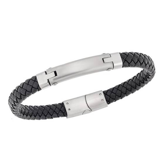 Βραχιόλι Senza Men&#039;s Steel, Βlack Leather Strap, με μαύρη ταυτότητα