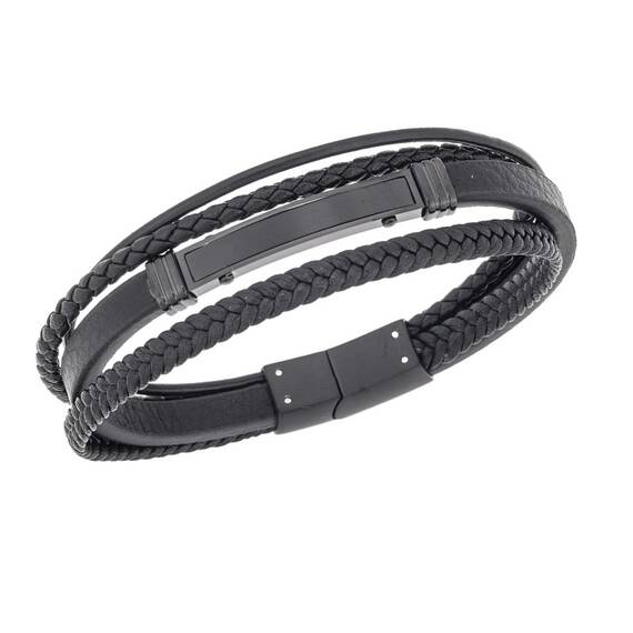 Βραχιόλι τετραπλό Senza Men&#039;s Steel, Black Leather Strap, με μαύρη ταυτότητα