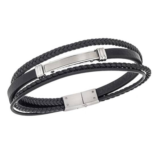 Βραχιόλι τετραπλό Senza Men&#039;s Steel, Black Leather Strap, με ασημί ταυτότητα