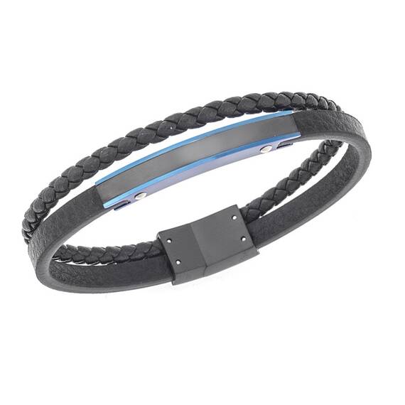 Βραχιόλι διπλό Senza Men&#039;s Steel, Black Leather Strap, με δίχρωμη ταυτότητα