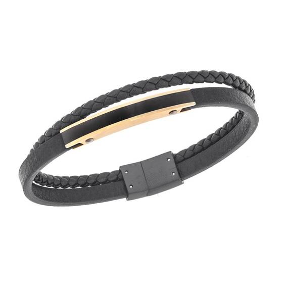 Βραχιόλι διπλό Senza Men&#039;s Gold Plated Steel, Black Leather Strap, με δίχρωμη ταυτότητα