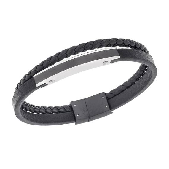 Βραχιόλι διπλό Senza Men&#039;s Steel, Black Leather Strap, με δίχρωμη ταυτότητα
