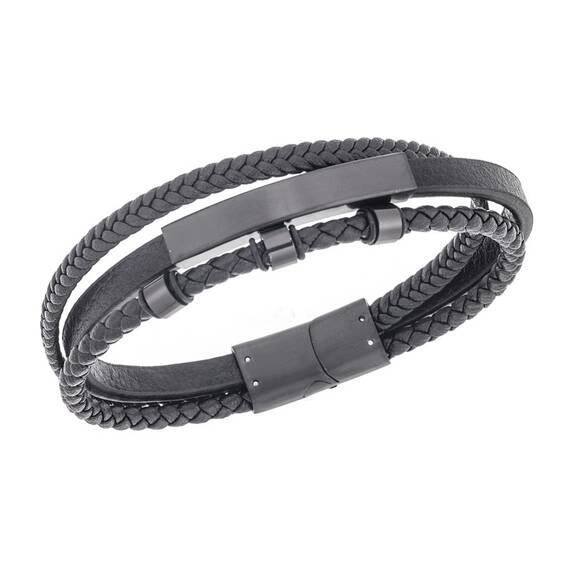 Βραχιόλι τριπλό Senza Men&#039;s Steel, Black Leather Strap, με μαύρη ταυτότητα
