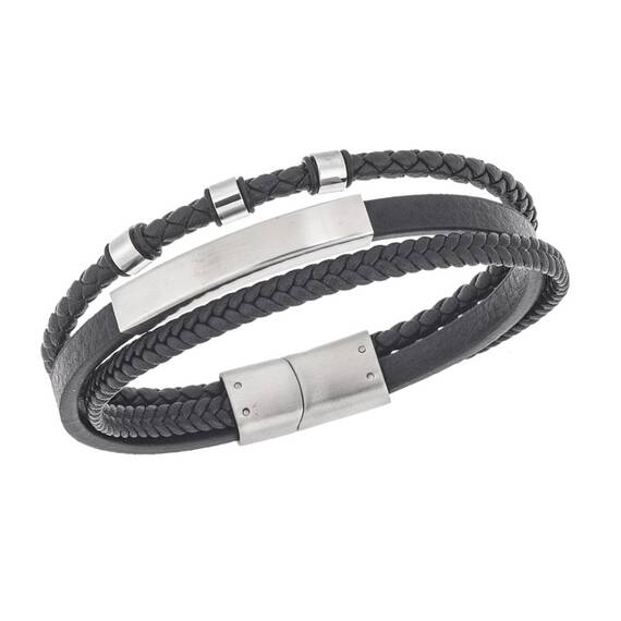 Βραχιόλι τριπλό Senza Men&#039;s Steel, Black Leather Strap, με ασημί ταυτότητα