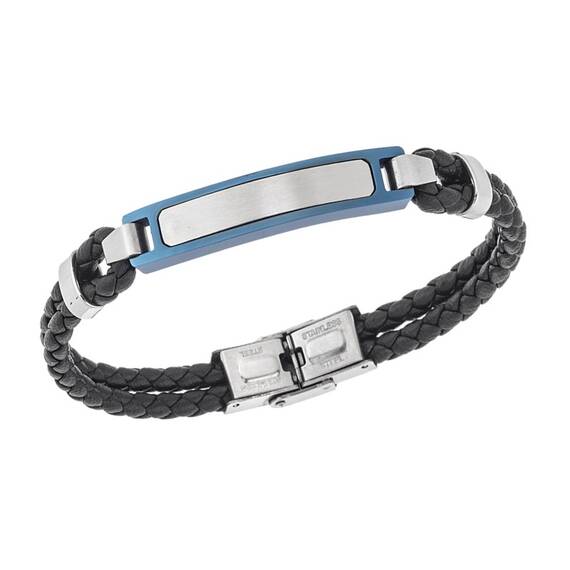 Βραχιόλι διπλό Senza Men&#039;s Steel, Black Leather Strap, με δίχρωμη ταυτότητα