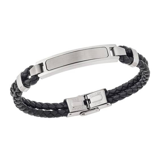 Βραχιόλι διπλό Senza Men&#039;s Steel, Black Leather Strap, με ασημί ταυτότητα