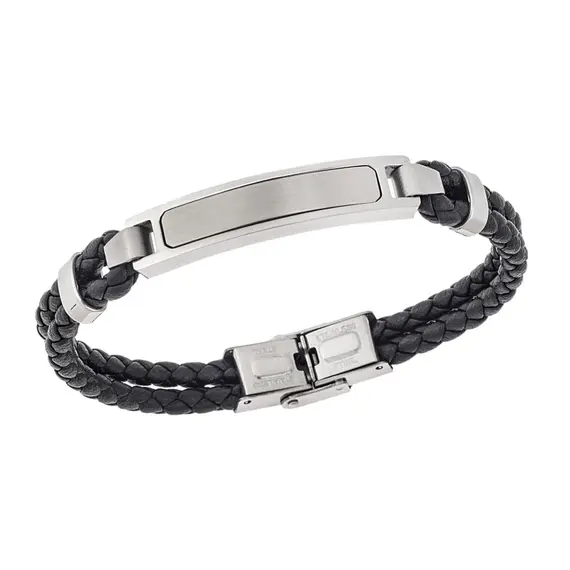 Βραχιόλι διπλό Senza Men&#039;s Steel, Black Leather Strap, με ασημί ταυτότητα