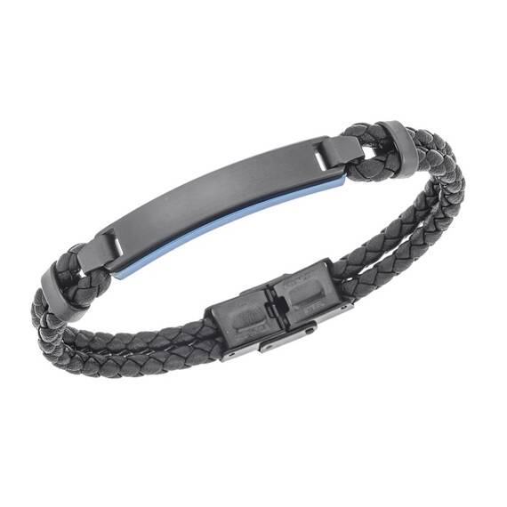 Βραχιόλι διπλό Senza Men&#039;s Steel, Black Leather Strap, με δίχρωμη ταυτότητα