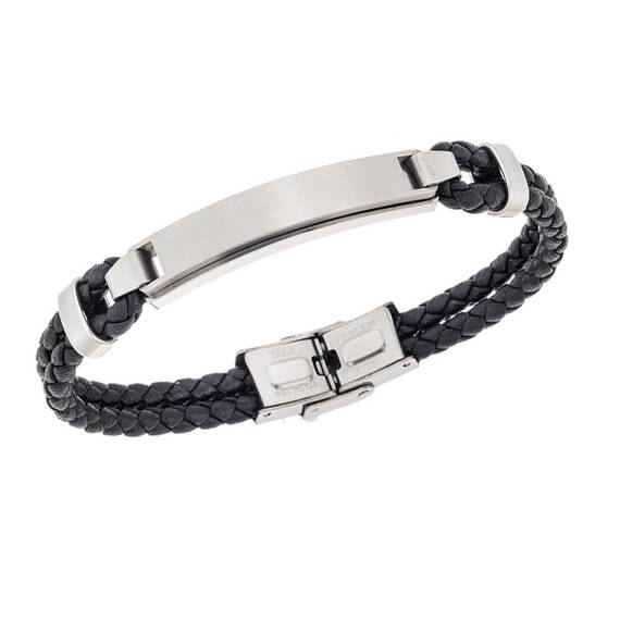 Βραχιόλι διπλό Senza Men&#039;s Steel, Black Leather Strap, με ασημί ταυτότητα