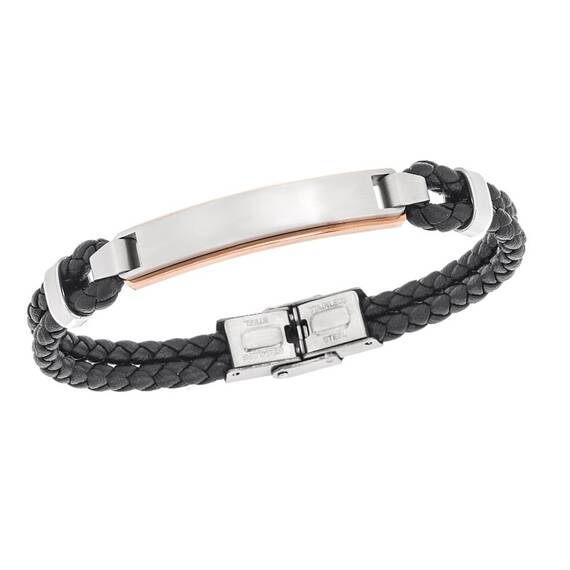 Βραχιόλι διπλό Senza Men&#039;s Steel, Black Leather Strap, με δίχρωμη ταυτότητα