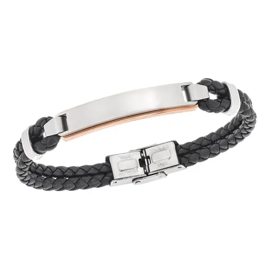 Βραχιόλι διπλό Senza Men&#039;s Steel, Black Leather Strap, με δίχρωμη ταυτότητα