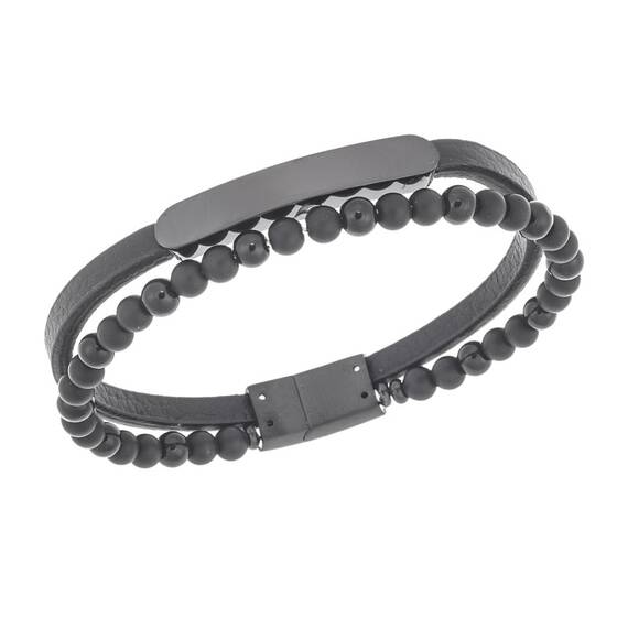 Βραχιόλι διπλό Senza Men&#039;s Steel, Black Leather Strap, με μαύρη ταυτότητα