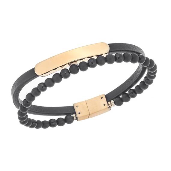 Βραχιόλι διπλό Senza Men&#039;s Gold Plated Steel, Black Leather Strap, με χρυσή ταυτότητα