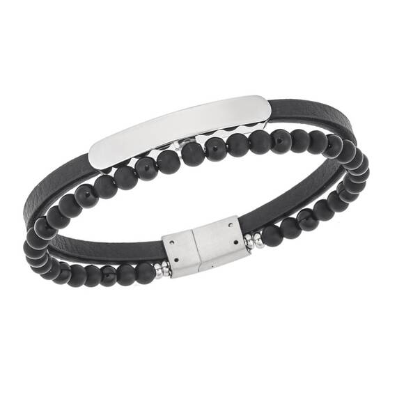 Βραχιόλι διπλό Senza Men&#039;s Steel, Black Leather Strap, με ασημί ταυτότητα