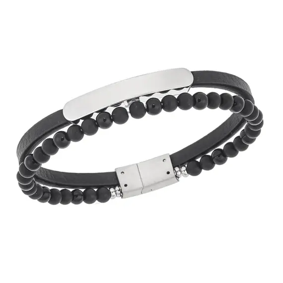Βραχιόλι διπλό Senza Men&#039;s Steel, Black Leather Strap, με ασημί ταυτότητα