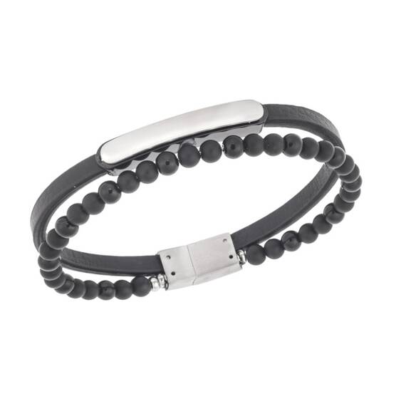 Βραχιόλι διπλό Senza Men&#039;s Steel, Black Leather Strap, με δίχρωμη ταυτότητα