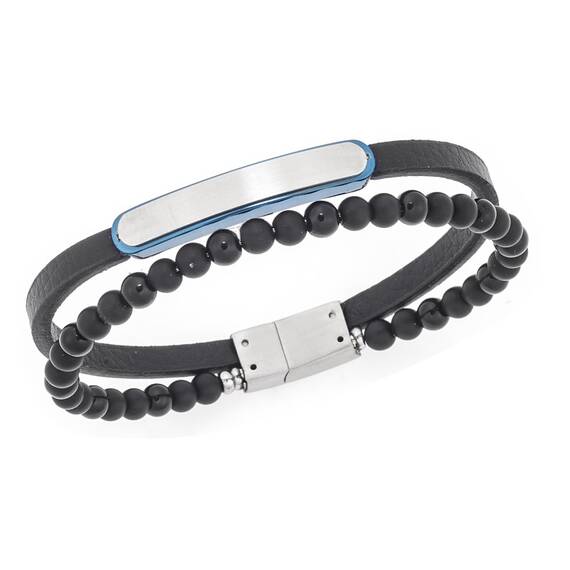 Βραχιόλι διπλό Senza Men&#039;s Steel, Black Leather Strap, με δίχρωμη ταυτότητα
