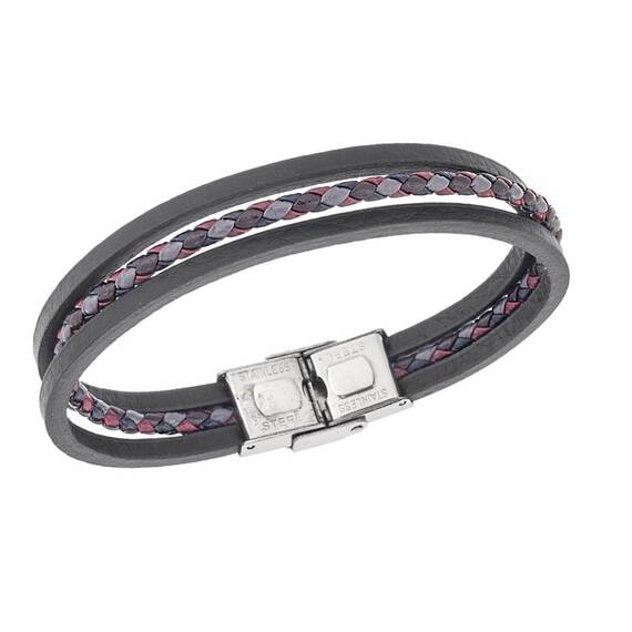 Βραχιόλι τριπλό Senza Men&#039;s Steel, Black &amp; Red Leather Strap