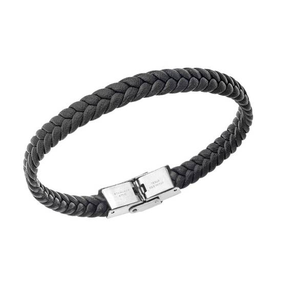 Βραχιόλι Senza Men&#039;s Steel Black Leather Strap
