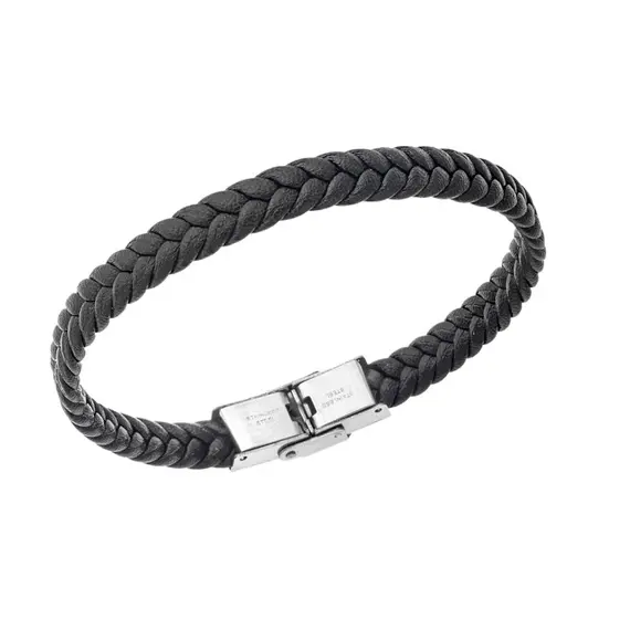 Βραχιόλι Senza Men&#039;s Steel Black Leather Strap