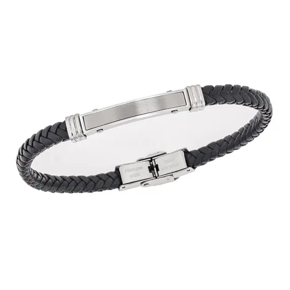Βραχιόλι Senza Men&#039;s Silver Stainless Steel With Black Leather