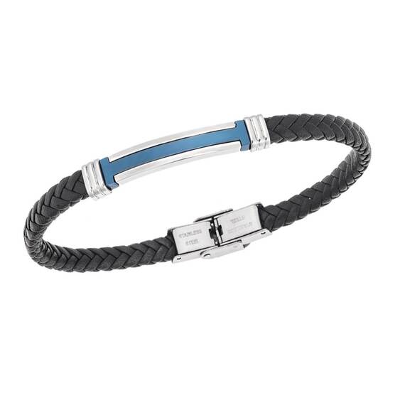 Βραχιόλι Senza Men&#039;s Silver&amp;Blue Stainless Steel With Black Leather