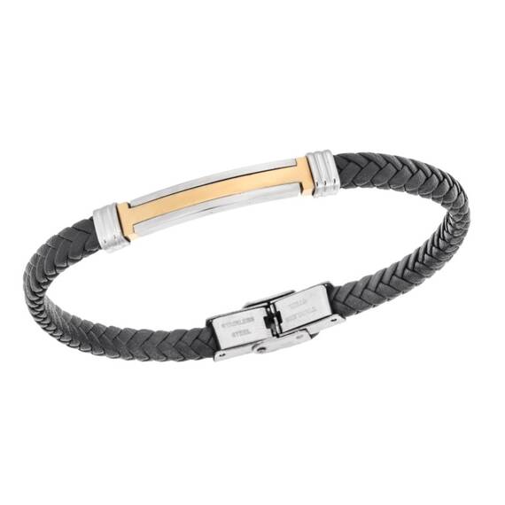 Βραχιόλι Senza Men&#039;s Silver&amp;Gold Stainless Steel With Black Leather