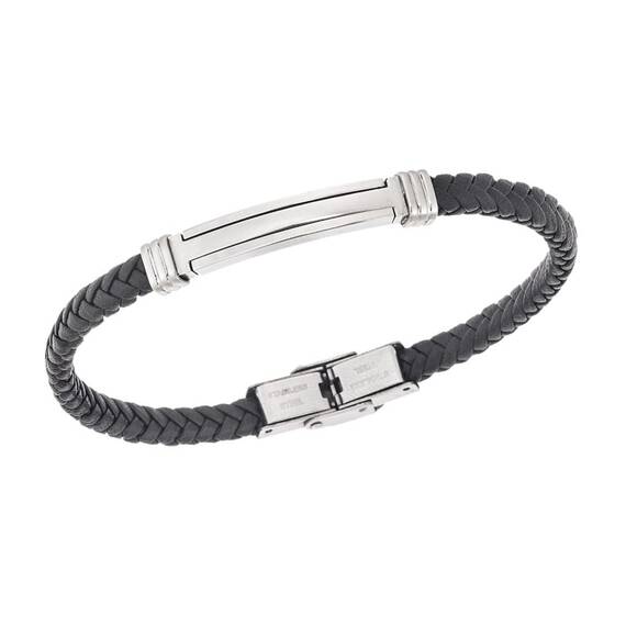 Βραχιόλι Senza Men&#039;s Silver Stainless Steel With Black Leather