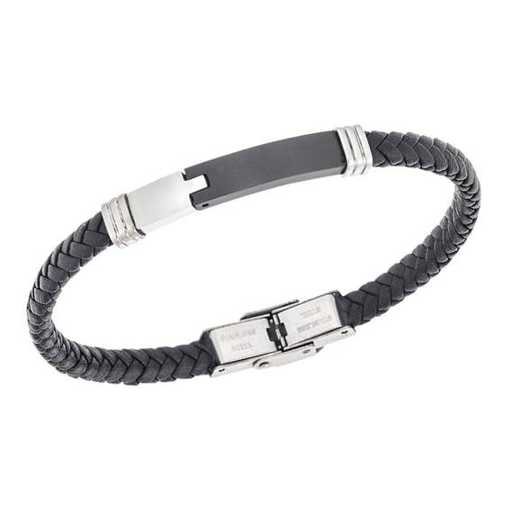 Βραχιόλι Senza Men&#039;s Silver&amp;Black Stainless Steel With Black Leather