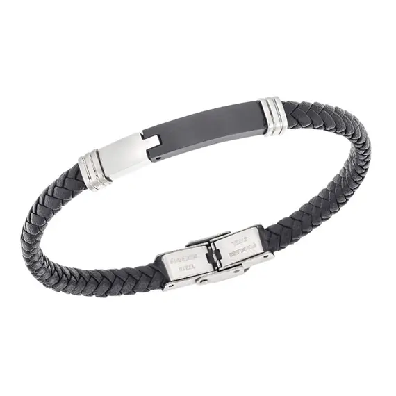Βραχιόλι Senza Men&#039;s Silver&amp;Black Stainless Steel With Black Leather