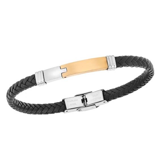 Βραχιόλι Senza Men&#039;s Silver&amp;Gold Stainless Steel With Black Leather
