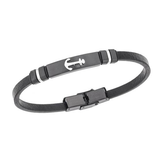 Βραχιόλι Senza Men&#039;s Steel, Black Leather Strap With Anchor