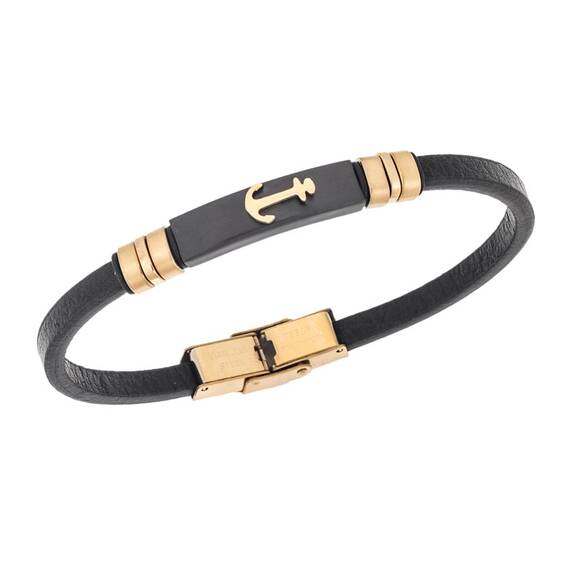 Βραχιόλι Senza Men&#039;s Gold Plated Steel, Black Leather Strap With Gold Anchor