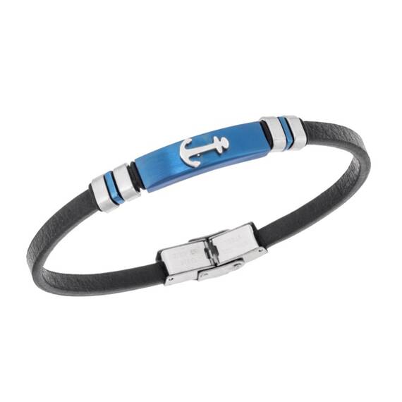 Βραχιόλι Senza Men&#039;s Steel, Black Leather Strap With Anchor