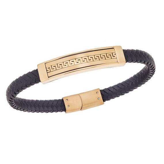 Βραχιόλι Senza Men&#039;s Gold Plated Steel &amp; Black Leather Strap, με Μαίανδρο